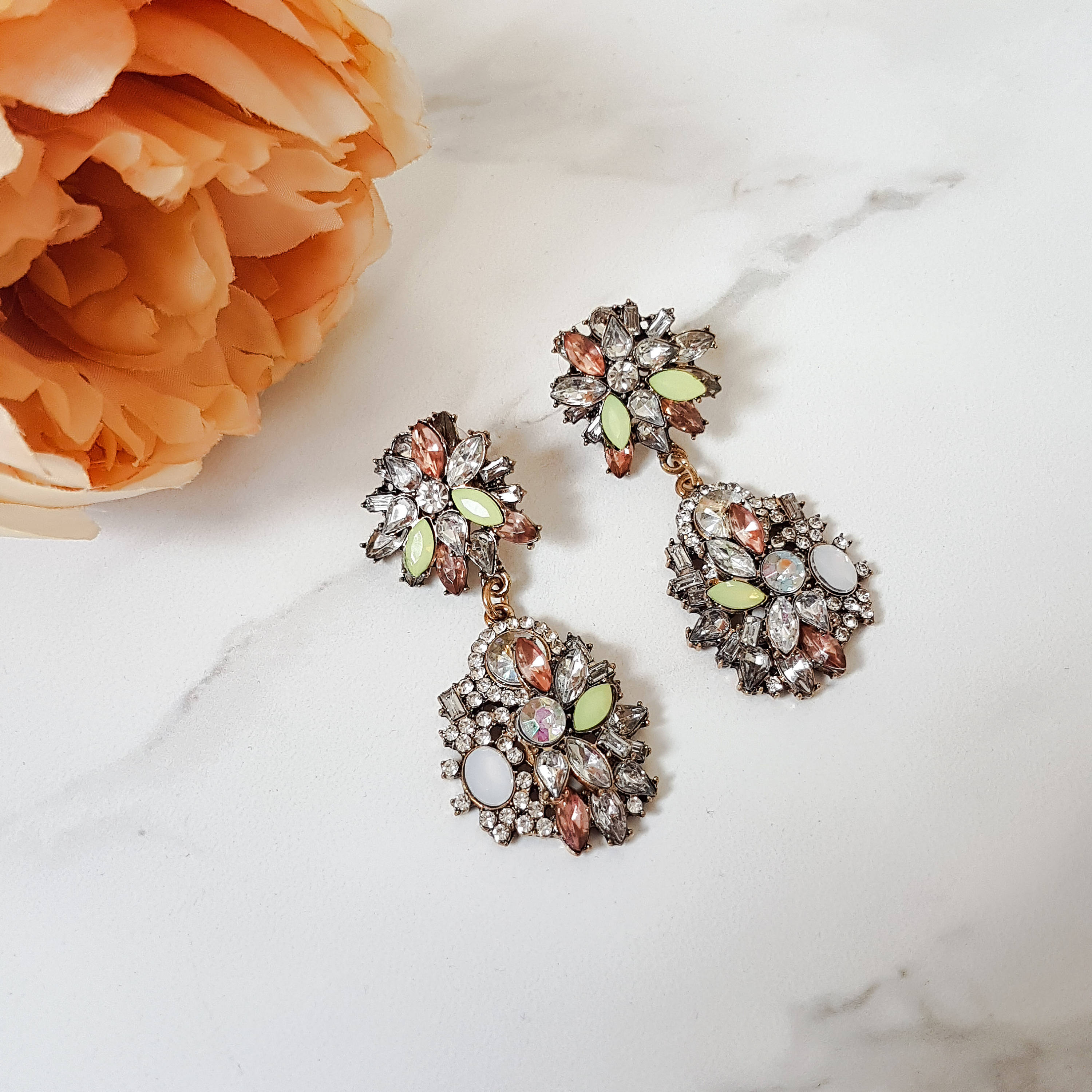 Pastel & Gold Rhinestone Drop Earrings Ladies Statement