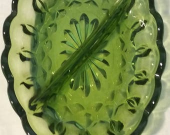 Vintage Green Anchor Hocking Relish Dish Oval Fairfield Pattern Scalloped Edge