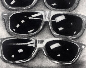 Big Brother is Watching/charcoal and graphite on watercolor paper 18"x22"/charcoal still life/sunglasses/fashion/drawing/original/graphite