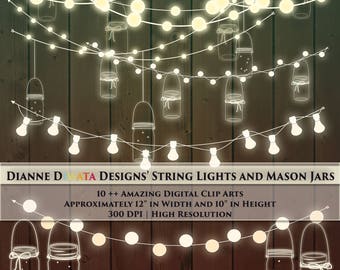 Mason Jar & String Light Clip Art, Custom Invitation Theme, Rustic Invitation, Mason Jar Clipart, String Light Clip Art, DIY Invitation