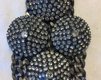 Vintage Silver Plated Curb Link Chain Bracelet with Rhinestones