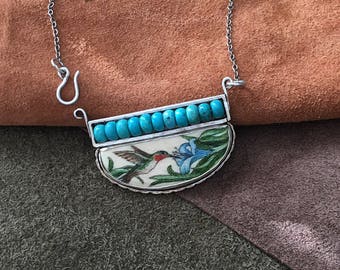 sterling silver Necklace with Turquoise Beads and scrimshaw hummingbird on fossil ivory.
