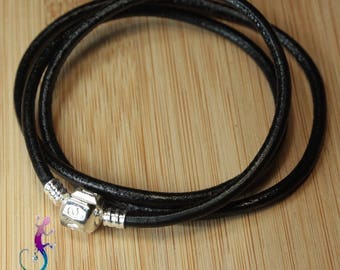 Set of 2 European bracelets 3 rounds pandoraA72 black genuine leather cord
