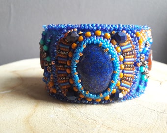 Sapphire blue bead embroidery Cuff Bracelet.
