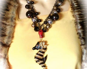 Necklace designer vintage seahorse in coral bubbles