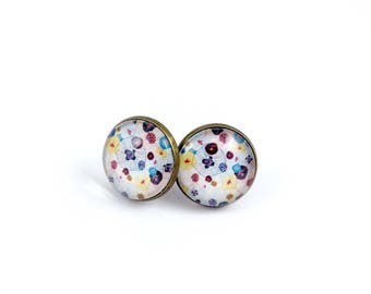 Bronze Stud Earrings *'cabochon * poppies * pink blue yellow
