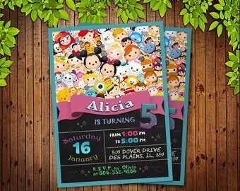 Tsum Tsum Invitation, Tsum Tsum Birthday Party, Disney Cartoon, Disney Tsum, Donald, Mouse, Kitty, Personalized, Printable, Digital File