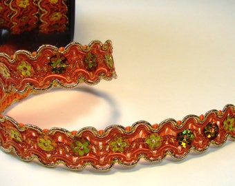 Ribbon, lace flowers, 15 mm, orange and gold sequins, sold by the yard.