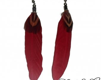 Red and natural feather earrings