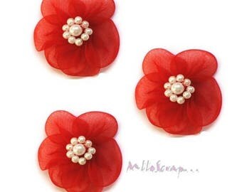 Red set of 5 flowers embellishment scrapbooking cardmaking fabric *.