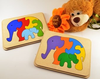 Wooden puzzle Wooden elephants Wooden animal gift Educational toys Animal puzzle Elephants family Toy for autism Baby gifts Gift 1st