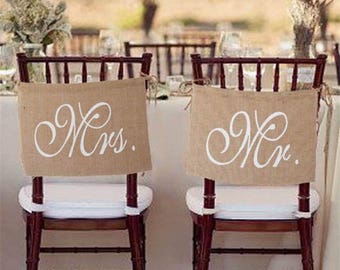 1Set Burlap Mr & Mrs Chair Signs Banner Flags Khaki Wedding Decoration Mariage Event Festive Wedding Day Photo Props Engagement Party Decor