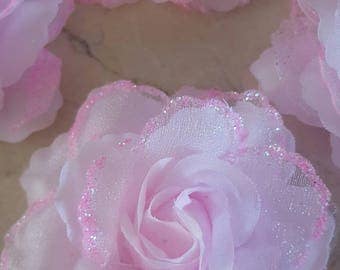 set of 4 8 cm light pink glitter flowers appliques