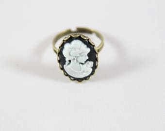 cabochon, polymer clay cameo and bronze metal Adjustable ring