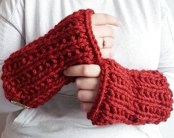 Chunky Knit Fingerless Gloves, Christmas Gifts, Arm Warmers, Gauntlets, Womens, Mens, For Her, Winter, Autumn, Burgundy, Rust, Red, Vegan