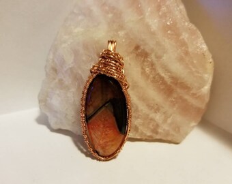 Wire wrapped agate bead orange black copper necklace pendant