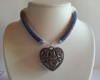 Wire mesh tubular with heart pendant necklace