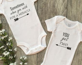 Sometimes when you wish for a miracle you get two, twins, twin outfits, twin onesies, baby gift, coming home outfit, ivf onesie, ivf baby