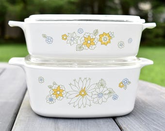 2 Corning Ware Floral Boquet - 3rd Edition Casserole Dishes with Lids.