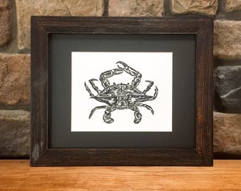 Maryland blue crab, Hand carved, Original linocut print, Crab linoleum cut