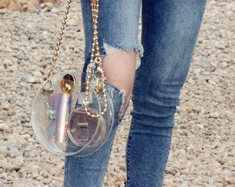 Rhinestone Circle Grid Over Holographic Print Handbag