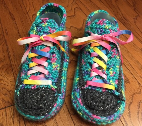 Crocheted Tennis Shoe Sneaker Slippers Blur Multi w/Rainbow