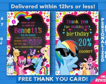 My Little Pony Invitation with FREE Thank you Card! My Little Pony Birthday Invitation, Pinkie Pie Invitation, Rainbow and Dash Invitation