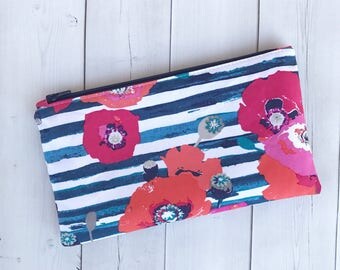 Floral Zipper Pouch Floral Zipper Bag Floral Pencil Case Zipper Case Pencil Pouch Gift For Her Purse Organizer Navy Blue Stripes Makeup Bag