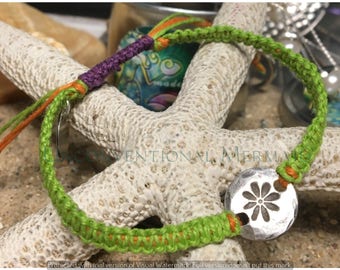 Adjustable Fine Silver Flower Rustic Pirates Coin Macrame Hemp Bracelet