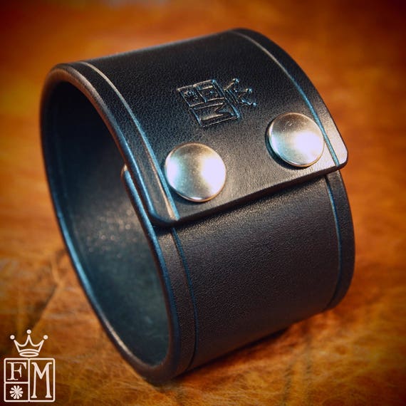 Black Leather cuff bracelet Bridle Custom wristband Scribed slickest edges Handmade for YOU in NYC by Freddie Matara