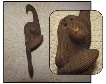 Vintage Hand Carved Wooden Hanging Monkey Orangatang, folkart, wood statue sculpture, Orangutan