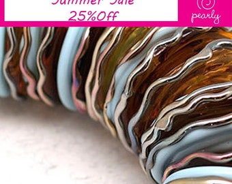 Amber and light blue round and disc lampwork beads SRA set of 32 with Lampwork glass beads handmade lampwork, jewelry supplies artisan beads