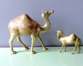 Brass Camel Figurines. Vintage Brass Animal Figurines. Etched Brass Camel, India Brass. Gold Decor.