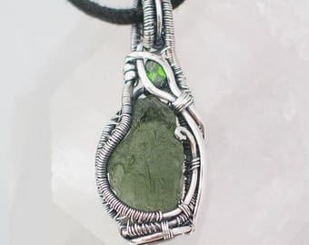Moldavite Pendant with Chrome Diopside Wire Wrapped Pendant Heady Wire Wrap Moldavite Wire Wrap Wire Wrapped Jewelry Sterling Silver