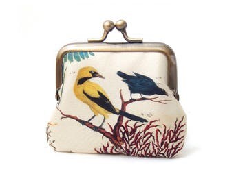 Coin purse, blue and yellow birds, silk pouch