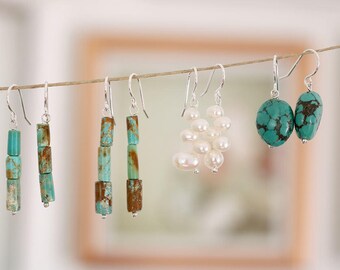 Turquoise earrings. Sterling silver earrings with natural Turquoise. Turquoise dangles, Turquoise beads, Boho dangles, blue Turquoise.