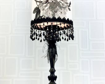 Lampe de table/ lampe de chevet/fleur noir et blanc/toile de coton/unique/lampes de marie