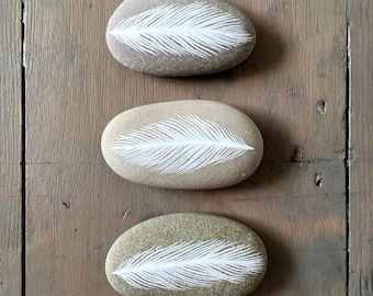 White Feathers - Painted Stones - Beach Pebble, Nature, Rock Art - Available Individually - by Natasha Newton
