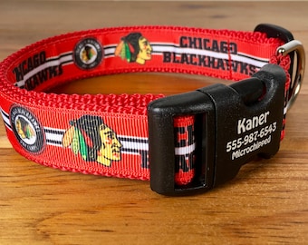 1 Inch Wide Chicago Blackhawks Personalized ID Dog Collar You Pick Size with Plastic or Metal Buckle Engraved Made in USA