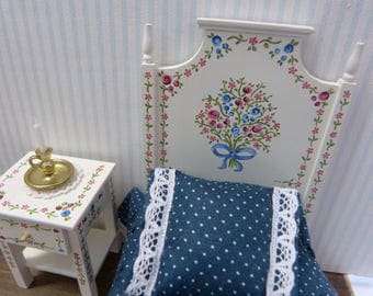 Dollhouse miniature bed in 12th scale Portuguese typical hand painted furniture from Alentejo, white warm with tiny flowers and leaves