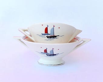 Atomic Art Deco Cream & Sugar Set, Salem Streamline Shape, Nautical Sailing Ships Pattern in Grade C Condition