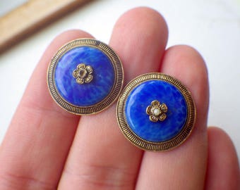 Victorian Style Vintage Blue Enamel Screw Back Earrings