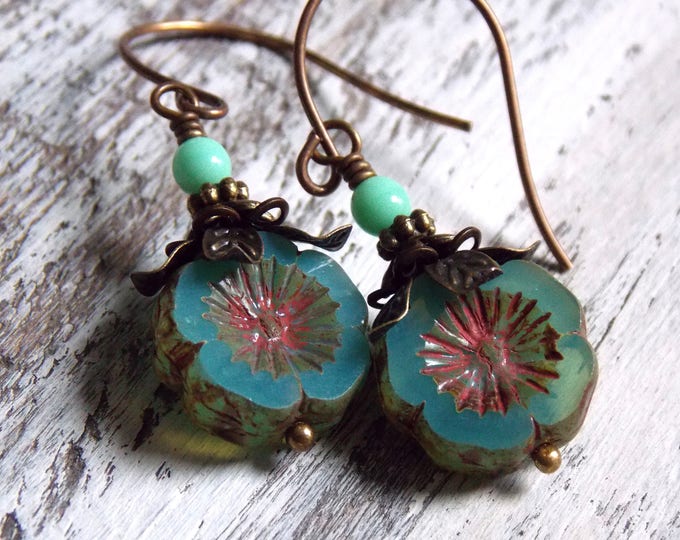 Blue Flower Boho Earrings Dangle Turquoise Mint Flower Czech Glass Brass Metal Hawaiian Rustic Bohemian Earrings Jewelry Woodland Earrings