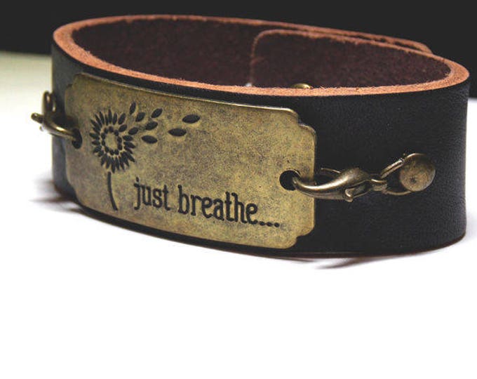 Just Breath- Rustic Leather Bracelet Brown Leather Cuff Sentiment Bracelet Textured Rustic Woodland Bracelet