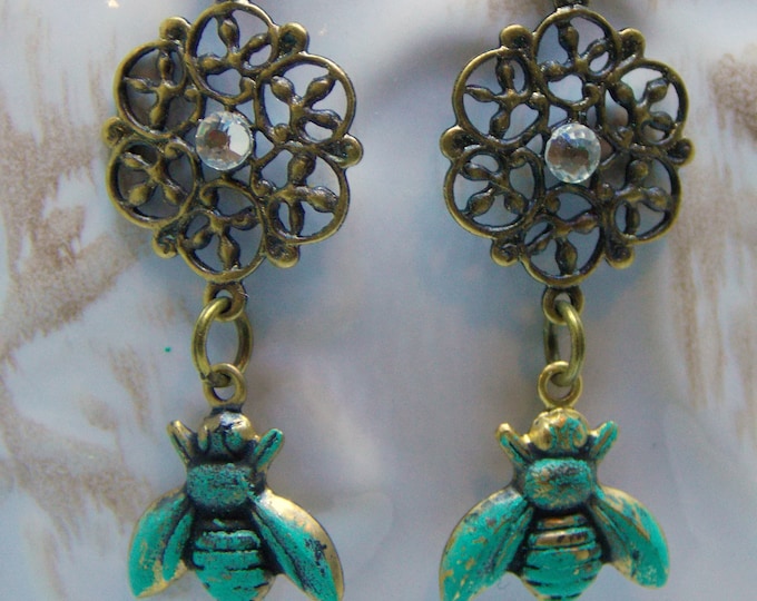 Honey Bee Earrings,Patina Bee Brass Filigree Rhinestone Earrings Insect Earrings Bee Earrings Patina Flying Bee Jewelry