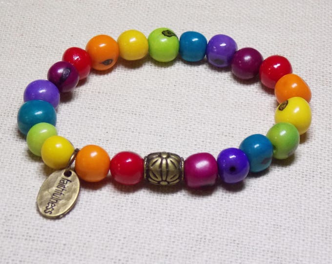 Rainbow Bracelet Acai Nut Beaded Stretch Bracelet Brass Charm Faithfulness Colorful Nut Beaded Boho Christian Jewelry Bracelet