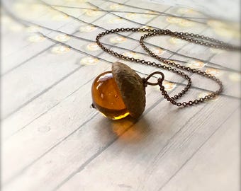 Glass Acorn Necklace - Streaky Topaz - by Bullseyebeads
