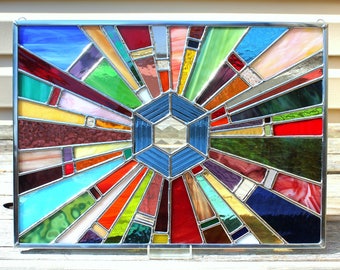 Multicolored Geometric Rays Stained Glass Panel