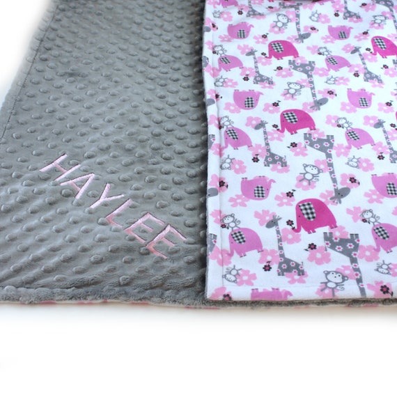 Personalized Minky Baby Blanket For Girl // Animal Baby Blanket Gray Pink Elephant Baby Blanket / Baby Shower Gift / Receiving Blanket