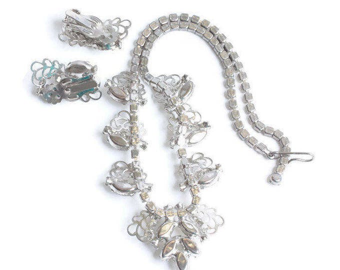 Rhinestone Filigree Choker Necklace Earring Set Silver Tone Wedding Bridal Evening Out Vintage